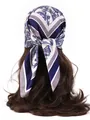 Detail of a floral paisley silk scarf tied on long wavy hair with a smooth glossy texture - Paisley - Blue Gray