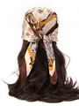 Detail of bohemian floral print silk scarf tied on brown wavy hair showing retro pattern - Feather Leather Buckle - Apricot