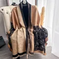 Polka dot floral shawl scarf in camel and beige tones with soft fringe edges - 185cm / Black