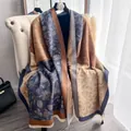 Thick winter scarf with floral polka dot pattern and tassel trim in brown and blue - 185cm / Blue
