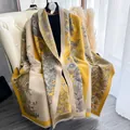 Vintage floral cashmere-feel winter scarf in ginger yellow and beige with tassels - Yellow