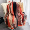Vintage-Schal mit Blumenmuster in Orange und Beige, dicker doppelseitiger Pashmina-Wrap - Orange