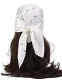 White silk satin headscarf with black seagull print tied on wavy brunette hair - Bird Shape - White
