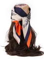 Silk-like floral printed headscarf in orange and navy blue tied on long wavy brown hair - Horse - Orange