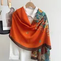 Vibrant orange cotton linen scarf with vintage floral patterns on a white shirt - Orange