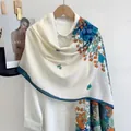 Off-white floral cotton linen shawl with colorful hand-painted flower patterns and blue borders - Blue