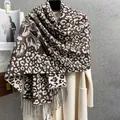 Sciarpa invernale classica jacquard leopardata e floreale con bordi a frange lunghe - Marrone Floreale Leopardato / caffè