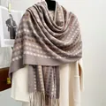 Detail of soft cashmere-like scarf showing earth-tone stripes, thick knit, and long fringes - Striped Plaid - Khaki