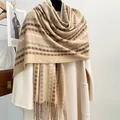 Detailed view of striped plaid fringe scarf in earth tones on an off-white coat - Striped Plaid - Camel