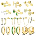 Juego de 12 pares de pendientes dorados con perlas, circonitas y cadenas modernas - Juego de 12 Pares - Botones Aros Mariposa Perlas Artificiales Combinación (c146) / 14k / Dorado