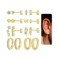 Detalle de pendientes de latón dorado con circonitas, perlas y diseño de mariposa - Mariposa Marquise Zirconia Botones Aros Combinación (c149) / 14k / Dorado