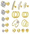 Detalle del juego de pendientes de latón bañado en oro con circonitas y perlas - Multi-tamaño Zirconia Barra Curvada Botones Aros Combinación (c151) / 14k / Dorado