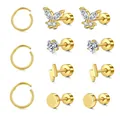 Detalle del juego de 11 pendientes de latón dorado con circonitas y formas variadas - Mariposa Corazón Rayo Botones de Rosca Plano Combinación (c153) / 14k / Dorado