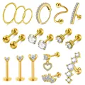 Conjunto detallado de joyas para piercing de latón dorado con circonitas y perlas finas - Pavé Manguito de Oreja Bola Botones Rosca Corazón Combinación (c154) / 14k / Dorado