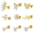Set detallado de nueve pendientes bañados en oro con diseños de mariposa, serpiente y circón - Serpiente Flor Solitario Botones de Bola Combinación (c155) / 14k / Dorado
