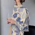 Sciarpa floreale tipo cashmere beige con girasoli blu e bordi rifiniti con frange - Stile girasole / 190cm / Blu