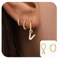 Dettaglio di orecchini a cerchio in ottone dorato con lettere A e V in micro zirconi chiari - Stile Lettera V