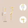 Detailed view of gold zircon stud earrings with heart tassels and 1.73 inch size guide - Heart Tassel Drop (e1028) / 14k / One Pair / Gold