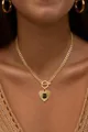 Detail of vintage heart pendant with sunburst texture and gemstone on a gold OT buckle chain - Radiant Texture Heart Toggle Clasp Pendant Necklace (x332) / Gold
