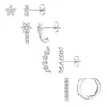 Set of four silver cubic zirconia earrings featuring stars and hoop designs on white base - Star Zirconia Style (e1065) / Silver