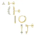 Fashionable gold flower hoop earrings set with sparkling cubic zirconia on white background - Three-Stone Crescent Style (e1066) / Gold