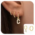Gold-plated brass hoop earrings set with micro-paved zircon and detachable letter charms - Letter C Style