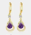 Gold-plated brass teardrop earrings with purple amethyst-like stones and crystals - 14k / February Style - Purple (1 Pair)