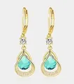 Gold leverback earrings with mint green teardrop stones and pave cubic zirconia - 14k / March Style - Cyan (1 Pair)