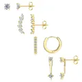 Détails de quatre boucles d'oreilles en zircon doré incluant créoles et clous sur blanc - Style Rangée de Pierres Uniques (e1069) / Or