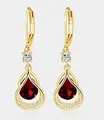 Golden brass leverback earrings featuring pear-cut red stones and round clear accents - 14k / July Style - Dark Red (1 Pair)