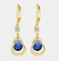 Golden brass hollow teardrop earrings with deep blue crystal and lever-back clasp - 14k / September Style - Blue (1 Pair)