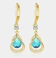 Elegant gold brass leverback earrings featuring hollow teardrop with blue pear-shaped stone - 14k / December Style - Light Blue (1 Pair)