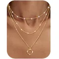 Three-layer gold necklace set with pearls and twisted ring pendant worn by model - Artificial Pearl Ring Style (x388) / 14k / Set of 3 / Gold
