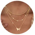 Three-layer gold-plated brass necklace set with elegant butterfly pendant and round beads - Exquisite Butterfly Style (x390) / 14k / Set of 3 / Gold