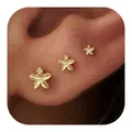 Three sizes of gold flower earrings in polished brass shown on an ear model - Flower Style (e1228) / 1 Card with 3 Pieces / Gold