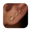 Three-piece gold plated brass butterfly stud earrings set worn on ear for minimalist look - Butterfly Style (e1229) / 1 Card with 3 Pieces / Gold