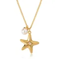 Gold plated brass necklace featuring a starfish pendant with zircon and a white pearl - Starfish Artificial Pearl Combo Style (x416) / 14k / Gold