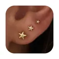Three-piece gold plated star stud earrings in various sizes worn on ear - Star Style (e1231) / 1 Card with 3 Pieces / Gold
