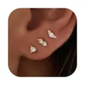 Detailed close-up of three gold-plated starfish butterfly studs with zircons on the ear - Rhinestone Style (e1233) / 1 Card with 3 Pieces / Gold
