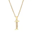 Close-up of golden letter I pendant necklace with sparkling zircon stones in a macro view - Letter I / 14k