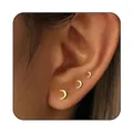 Detailed view of three graduated gold crescent moon studs on a model ear - Moon Style (e1253) / 1 Card with 3 Pieces / Gold