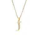 Close-up of gold plated letter J pendant necklace with zircon inlay on dainty chain - Letter J / 14k