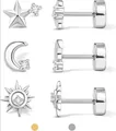 Macro detail of star moon and floral stud earrings set in polished silver and gold - Star Moon And Sun Style (e1257) / 3 Pairs Set / Silver