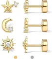Macro shot of gold-plated celestial earrings with stars and moons featuring zircon stones - Star Moon And Sun Style (e1257) / 3 Pairs Set / Gold