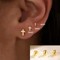Detailed view of 18k gold plated brass cross stud earrings in 4mm, 5mm, and 6mm sizes - Cross Style (e452) / 1 Card with 3 Pieces / Gold