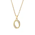Detailed close-up of golden letter O pendant with zircon stones on a brass chain - Letter O / 14k