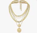 Collier multi-rangs doré à maille gourmette et perles avec pendentifs pièces vintage - Chaîne à Mailles Gourmette à Billes à Cinq Couches Avec Doubles Pendentifs Pièces (x463 Or)