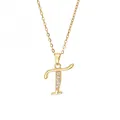 Detailed view of gold plated necklace with a T-letter pendant set with zircon stones - Letter T / 14k