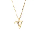 Detail of gold letter V pendant necklace with micro-paved sparkling cubic zirconia stones - Letter V / 14k