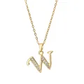 Detail view of gold-plated letter W pendant necklace with white zircon stone setting - Letter W / 14k